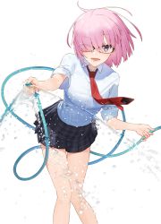 Rule 34 | 1girl, ;d, alternate costume, black-framed eyewear, black skirt, blush, bra visible through clothes, collared shirt, commentary request, fate/grand order, fate (series), glasses, hair over one eye, hayashi kewi, holding, holding hose, hose, hose reel, looking at viewer, mash kyrielight, miniskirt, necktie, one eye closed, open mouth, plaid, plaid skirt, pleated skirt, purple eyes, purple hair, red necktie, shirt, short hair, short sleeves, simple background, skirt, smile, solo, spraying, water, white background, white shirt