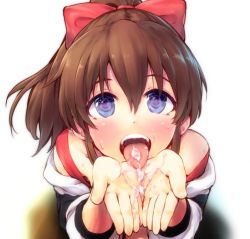 Rule 34 | 1girl, asterisk (asterism), blouse, brown hair, cum, cum in mouth, cum on hands, cupping hands, dress, hair ribbon, horizontal-striped dress, idolmaster, idolmaster million live!, off shoulder, open mouth, own hands together, ponytail, red ribbon, red shirt, ribbon, satake minako, shirt, solo, sprites, striped clothes, striped dress, white background