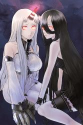 Rule 34 | 10s, 2girls, abyssal ship, bad id, bad nicoseiga id, bare shoulders, battleship princess, black dress, black hair, breasts, choker, claws, colored skin, cuffs, detached sleeves, dress, eiri (gb-delta), female focus, glowing, glowing eyes, gradient background, grey hair, hair between eyes, horns, kantai collection, large breasts, legs, long hair, looking at viewer, multiple girls, pale skin, red eyes, ribbed dress, seaport princess, short dress, sidelocks, single horn, sitting, skin-covered horns, t g, thigh strap, very long hair, white skin, wrist cuffs
