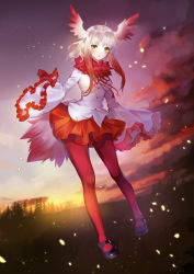 Rule 34 | 10s, 1girl, bad id, bad pixiv id, black footwear, full body, gloves, head wings, highres, japanese crested ibis (kemono friends), kemono friends, long hair, long sleeves, looking at viewer, mary janes, multicolored hair, pantyhose, pleated skirt, red gloves, red hair, red pantyhose, red skirt, shente (sharkpunk), shoes, sidelocks, skirt, solo, sunset, tree, two-tone hair, white hair, wide sleeves, wings