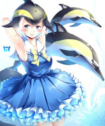 Rule 34 | 10s, absurdres, armpits, arms behind head, bare shoulders, blue dress, blue eyes, blush, bow, common dolphin (kemono friends), dolphin, dress, frilled dress, frills, highres, japari symbol, kanzakietc, kemono friends, multicolored hair, open mouth, solo, water