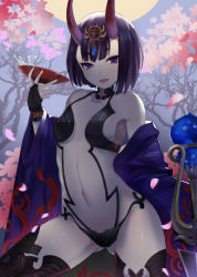 Rule 34 | 1girl, absurdres, bare shoulders, bridal gauntlets, cherry blossoms, covered erect nipples, cup, eyebrows, fangs, fate/grand order, fate (series), gluteal fold, highres, horns, japanese clothes, kimono, looking at viewer, mag (huangmag), moon, navel, off shoulder, oni, open clothes, open kimono, open mouth, purple eyes, purple hair, sakazuki, short eyebrows, short hair, shuten douji (fate), skin-covered horns, solo, splashing, sword, weapon