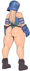 Rule 34 | 1girl, alexandrian soldier, bare shoulders, blonde hair, boots, brown footwear, commentary request, final fantasy, final fantasy ix, gauntlets, green leotard, highres, kneepits, leotard, long hair, original, simple background, solo, synecdoche, thick thighs, thighs, white background, wide hips