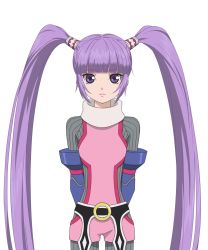 Rule 34 | 1girl, arms behind back, artist request, bodysuit, cowboy shot, expressionless, long hair, official art, purple eyes, purple hair, solo, sophie (tales), tales of (series), tales of graces, twintails, white background