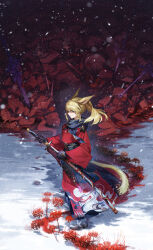 Rule 34 | 1girl, animal ears, blonde hair, blood on snow, blue eyes, breasts, cat ears, cat tail, disembodied limb, evil grin, evil smile, final fantasy, final fantasy xiv, flower, from side, full body, gloves, greatsword, grey footwear, grin, highres, holding, holding sword, holding weapon, japanese clothes, katana, kimono, long bangs, looking at viewer, mage staff, medium hair, miqo&#039;te, pile of corpses, ponytail, purple gloves, red flower, red kimono, rff (3 percent), samurai, shaded face, sheathing, small breasts, smile, snow, snowing, solo focus, sword, tail, warrior of light (ff14), weapon