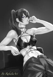 Rule 34 | 1girl, abs, artist name, bare arms, bare shoulders, breasts, choker, cleavage, crop top, greyscale, hair between eyes, hair over shoulder, hand up, highres, leaning back, long hair, looking at viewer, medium breasts, monochrome, navel, o-ring, open fly, pants, parted lips, purple eyes, robusta mania, side ponytail, simple background, sitting, solo, sousou no frieren, spot color, teeth, toned, ubel (sousou no frieren)