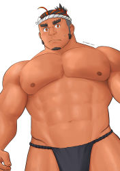 Rule 34 | 1boy, abs, ahoge, bara, biceps, black fundoshi, black hair, blush, commentary, dark-skinned male, dark skin, embarrassed, english commentary, facial hair, from below, fundoshi, goatee, hachimaki, headband, highres, large pectorals, leg hair, long sideburns, looking at viewer, male focus, mature male, multicolored hair, muscular, muscular male, navel, nipples, orange eyes, orange hair, pectorals, rongjie, sarutahiko (housamo), sideburns, simple background, solo, stomach, tank top, teardrop, thick eyebrows, thick thighs, thighs, tokyo houkago summoners, topless male, twitter username, two-tone hair, undercut, upper body