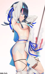 Rule 34 | 1girl, armpits, arms behind head, arms up, bare shoulders, black hair, blue eyes, blue ribbon, blurry, blush, breasts, depth of field, detached leggings, fate/grand order, fate/requiem, fate (series), highres, large breasts, long sleeves, magatama, medium hair, multicolored hair, pink hair, polearm, ribbon, seigaiha, sideboob, sidelocks, simple background, spear, streaked hair, thighs, two-sided fabric, two-sided skirt, unadon, utsumi erice, weapon, white background, white legwear