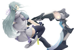 Rule 34 | 1girl, assault lily, belt, black belt, black gloves, black thighhighs, boots, commentary request, floating hair, foot out of frame, from side, gloves, green hair, hair ornament, hair ribbon, half updo, highres, holding, holding scythe, holding weapon, hood, hood down, hooded jacket, huge weapon, jacket, kurosakura towa, leg up, light blush, long hair, looking to the side, miniskirt, official alternate costume, open clothes, open jacket, parted lips, profile, purple ribbon, ribbon, scythe, shoe soles, short sleeves, sidelocks, sideways glance, simple background, skirt, solo, standing, standing on one leg, teeth, thighhighs, toki kureha, upper teeth only, very long hair, weapon, white background, white jacket, white skirt, x hair ornament