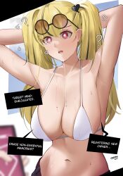 Rule 34 | 1girl, :o, ?, armpits, arms up, bikini, blonde hair, breasts, cellphone, cleavage, eroborne, eyewear on head, heart, highres, hypnosis, large breasts, mind control, mole, mole on breast, navel, original, phone, pink eyes, revision, saliva, saliva on breasts, simple background, smartphone, solo, sunglasses, swimsuit, thighs, twintails, white bikini