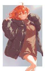 Rule 34 | 1girl, ahoge, bare legs, black jacket, blush, brown sweater, collar, commentary request, down jacket, dress, fate/grand order, fate (series), fujimaru ritsuka (female), grey background, hair between eyes, highres, jacket, light, long sleeves, looking at viewer, open clothes, open jacket, open mouth, orange eyes, orange hair, padded jacket, short hair, sleeves past wrists, smile, solo, sweater, sweater dress, teeth, uni (nico02), winter clothes