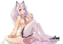 Rule 34 | 1girl, :d, absurdres, alternate costume, animal ears, azur lane, black footwear, black skirt, blush, braid, breasts, carpet, claw pose, collared shirt, converse, eyelashes, fake animal ears, fang, full body, hair ornament, highres, knees up, long hair, long sleeves, looking at viewer, mechanical ears, medium breasts, miniskirt, one side up, open mouth, panties, panties under pantyhose, pantyhose, pleated skirt, red eyes, shirt, shoes, unworn shoes, side braid, simple background, sitting, skirt, sleeves past wrists, slit pupils, smile, sneakers, solo, sweater, tareme, thick eyebrows, underwear, white background, white hair, white pantyhose, wing collar, wolf ears, wuhuo, yellow sweater, yuudachi (azur lane)