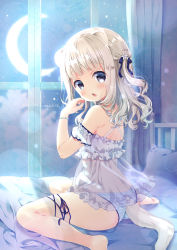 Rule 34 | 1girl, :o, animal ears, ass, bare shoulders, barefoot, bed, blue eyes, blue panties, bracelet, crescent moon, dress, highres, indoors, jewelry, lens flare, looking at viewer, looking back, moon, neki (wakiko), night, on bed, original, panties, pillow, silver hair, sitting, solo, striped clothes, striped panties, tail, twitter username, underwear, wariza, white dress, window
