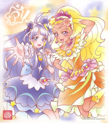 Rule 34 | 2girls, :d, amamiya elena, blonde hair, blue eyes, circlet, collarbone, cure selene, cure soleil, dress, earrings, floating hair, hand on own hip, highres, jewelry, kaguya madoka, leg up, long hair, multiple girls, official art, open mouth, orange dress, outstretched arm, outstretched hand, precure, purple dress, purple eyes, purple hair, short sleeves, smile, standing, star twinkle precure, very long hair, yellow legwear
