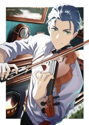 Rule 34 | 1boy, black hair, clock, fate/grand order, fate (series), fireplace, green eyes, highres, instrument, looking at viewer, male focus, music, natsuko (bluecandy), outside border, playing instrument, sherlock holmes (fate), sherlock holmes (formal dress) (fate), sleeves rolled up, solo, suspenders, violin