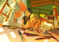 Rule 34 | 2boys, 2girls, apron, black eyes, black hair, blonde hair, book, child, clock, closed eyes, comic, comic book, dining room, electric fan, emmmerald, facial mark, fan speaking, hair ornament, hair tie, hairclip, handheld game console, highres, indoors, long hair, male focus, mother and child, mother and son, multiple boys, multiple girls, naruto, naruto (series), notebook, open mouth, pen, red hair, short hair, spiked hair, tagme, uchiha mikoto, uchiha sasuke, uzumaki kushina, uzumaki naruto, very long hair, whisker markings, whiskers, window