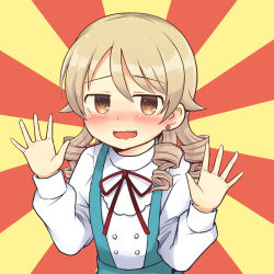 Rule 34 | 1girl, blouse, blush, brown eyes, commentary request, drill hair, earrings, hands up, idolmaster, idolmaster cinderella girls, jewelry, light brown hair, long hair, long sleeves, looking at viewer, macedonian flag, morikubo nono, neck ribbon, open mouth, red ribbon, ribbon, shirt, smile, solo, spread fingers, stud earrings, sunburst, upper body, wavy mouth, white shirt, yandama