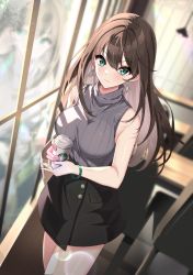 Rule 34 | 1girl, armpit crease, bare arms, bare shoulders, black skirt, blurry, blush, breasts, brown hair, closed mouth, commentary, cowboy shot, cup, depth of field, disposable cup, dutch angle, earrings, hair between eyes, highres, holding, holding cup, idolmaster, idolmaster cinderella girls, indoors, jewelry, large breasts, lens flare, long hair, looking at viewer, necklace, reflection, ribbed sweater, shibuya rin, skirt, sleeveless, sleeveless turtleneck, solo, standing, sutoroa, sweater, triangle earrings, tumbler, turtleneck, window, wristband