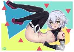 Rule 34 | 1girl, b.d, bandaged arm, bandages, bare shoulders, black bra, black gloves, black panties, black thighhighs, boots, bra, bra lift, breasts, facial scar, fate/apocrypha, fate/grand order, fate (series), fingerless gloves, gloves, green eyes, hair between eyes, jack the ripper (fate/apocrypha), legs up, looking at viewer, lying, navel, nipples, on back, open mouth, panties, panty pull, scar, scar across eye, scar on cheek, scar on face, short hair, shoulder tattoo, small breasts, smile, solo, tattoo, thigh boots, thighhighs, underwear, white hair