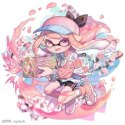 Rule 34 | 1girl, black bow, black shorts, blue hat, blue sky, bow, cherry blossoms, collar, fangs, full body, hair bow, hat, holding, holding water gun, ink, inkling player character, iria (yumeirokingyo), jacket, long hair, long sleeves, looking at viewer, nintendo, open mouth, outdoors, pink eyes, pink footwear, pink hair, pink hat, purple eyes, shirt, shoes, short shorts, shorts, sky, smile, socks, solo, splatoon (series), twitter username, water gun, white background, white jacket, white shirt, white socks