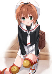 Rule 34 | 1990s (style), 1girl, absurdres, adjusting clothes, adjusting shoe, antenna hair, bag, beret, blush, brown hair, cardcaptor sakura, commentary request, eyebrows, green eyes, hat, highres, kinomoto sakura, long sleeves, looking at viewer, mousou (mousou temporary), necktie, open mouth, retro artstyle, school bag, school uniform, short hair, skirt, solo, white skirt