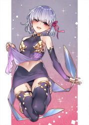 Rule 34 | 1girl, armpits, bare shoulders, clothes lift, detached sleeves, dress, dress lift, fate/grand order, fate (series), flower, hair ribbon, jewelry, kama (fate), kama (first ascension) (fate), kodama yuu, lotus, navel, pink ribbon, purple dress, purple sleeves, purple thighhighs, red eyes, ribbon, ring, silver hair, sleeveless, sleeveless dress, solo, thighhighs, thighlet, thighs