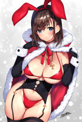 Rule 34 | 1girl, animal ears, bikini, black gloves, black thighhighs, blue eyes, blush, breasts, brown hair, cape, cleavage, closed eyes, cross, cross necklace, elbow gloves, fake animal ears, fur-trimmed cape, fur trim, garter straps, gloves, gluteal fold, jewelry, large breasts, mataro (matarou), navel, necklace, original, rabbit ears, red bikini, red cape, solo, swimsuit, thighhighs, wrist cuffs