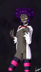 Rule 34 | 1girl, black nails, breasts, censored, d.gray-man, dark skin, heart, heart censor, highres, keenesleyar, looking at viewer, nail polish, nipples, open clothes, open shirt, purple hair, road kamelot, short hair, simple background, small breasts, smile, spiked hair, striped clothes, striped thighhighs, thighhighs, yellow eyes