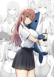 Rule 34 | 1girl, absurdres, black bow, black bowtie, black skirt, bow, bowtie, highres, holding, inflatable shark, inflatable toy, joshi kousei rich thots, kaori (sky-freedom), looking at viewer, original, pleated skirt, red eyes, red hair, school uniform, shirt, short sleeves, skirt, sky-freedom, solo, standing, thighs, white shirt