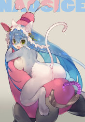 Rule 34 | 1girl, animal ears, ass, blue hair, blush, breasts, cat ears, cat tail, fang, furry, furry female, hairband, large breasts, long hair, looking at viewer, looking back, open mouth, original, sengoku bushouki muramasa, simple background, solo, tail, tears, very long hair, zhuzi