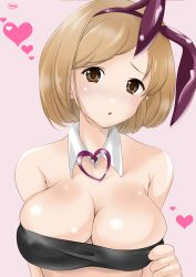Rule 34 | 10s, 1girl, animal ears, bandeau, bare shoulders, breasts, brown eyes, brown hair, rabbit ears, cleavage, djeeta (granblue fantasy), granblue fantasy, heart, highres, large breasts, looking at viewer, matching hair/eyes, medium breasts, no nose, parted lips, pink background, short hair, signature, simple background, solo, strapless, tube top, upper body, yosaku09161