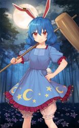 Rule 34 | 1girl, animal ears, bloomers, blue dress, blue hair, blush, buttons, closed mouth, cloud, collar, crescent print, dress, eyelashes, flower, flower bed, forest, frilled collar, frilled dress, frilled sleeves, frills, full moon, hammer, hand on own hip, holding, holding hammer, looking at viewer, low twintails, medium hair, moon, nature, night, official art, outdoors, over shoulder, puffy short sleeves, puffy sleeves, purple flower, rabbit ears, rabbit tail, red eyes, seiran (touhou), shiba 0, short dress, short sleeves, smile, star (symbol), star print, tail, third-party source, touhou, touhou cannonball, tree, twintails, underwear, weapon, weapon over shoulder, white bloomers