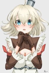 Rule 34 | 1girl, :o, azur lane, blonde hair, blue eyes, blush, breasts, brown gloves, cleavage, commentary request, detached sleeves, frilled shirt, frilled sleeves, frills, gloves, hair between eyes, hand to own mouth, hat, highres, looking at viewer, medium breasts, medium hair, oklahoma (azur lane), own hands together, rakuza (ziware30), shirt, solo, surprised, teeth, upper teeth only