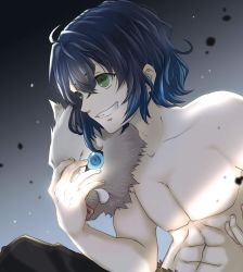 Rule 34 | 1boy, abs, absurdres, arm up, blue hair, boar mask, collarbone, commentary, fingernails, gradient sky, green eyes, grin, hair between eyes, hashibira inosuke, highres, holding, holding mask, kimetsu no yaiba, kinaco 4738, looking to the side, male focus, mask, unworn mask, mountain, outdoors, sideways mouth, sky, smile, solo, star (sky), teeth, topless male, twilight, upper body