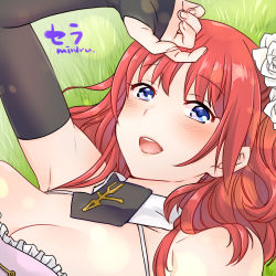 Rule 34 | 1girl, :d, artist name, bare shoulders, blue eyes, blush, breasts, bridal gauntlets, character name, cleavage, flower, hair flower, hair ornament, lowres, lying, medium breasts, miniru, on back, on grass, open mouth, red hair, sennen sensou aigis, sera (sennen sensou aigis), smile, solo, upper body