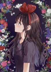 Rule 34 | 1girl, alternate hair length, alternate hairstyle, black eyes, black shirt, brown hair, floral background, from side, highres, kiki (majo no takkyuubin), long hair, looking afar, majo no takkyuubin, saya (mychristian2), shirt, short sleeves, solo, star (symbol), starry background, t-shirt, upper body