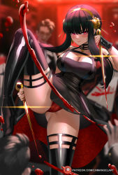 Rule 34 | 1girl, bare shoulders, black dress, black gloves, black hair, blush, breasts, cleavage, closed mouth, dress, earrings, enma (enmanuelart), gloves, hair ornament, hairband, highres, holding, holding weapon, jewelry, large breasts, leg lift, leg up, long hair, looking at viewer, panties, red eyes, red panties, sidelocks, solo, split, spy x family, standing, standing on one leg, standing split, thighhighs, thighs, two-sided dress, two-sided fabric, underwear, weapon, yor briar
