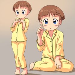 Rule 34 | 1girl, barefoot, blue eyes, blush, bowl cut, brown hair, child, female focus, gradient background, grey background, highres, jkt (sheltem), looking at viewer, original, own hands together, pajamas, short hair, sitting, solo, standing, yellow pajamas