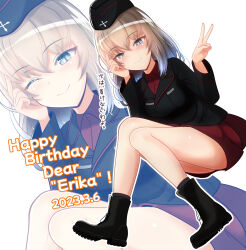 Rule 34 | 1girl, ;), ankle boots, black footwear, black headwear, black jacket, black socks, blue eyes, blush, boots, closed mouth, commentary, dated, dress shirt, english text, floating, garrison cap, girls und panzer, grey hair, half-closed eyes, hand on own face, happy birthday, hat, highres, insignia, itsumi erika, jacket, knees up, kumaisao, kuromorimine military uniform, long sleeves, looking at viewer, medium hair, military hat, military uniform, miniskirt, one eye closed, outline, pleated skirt, red shirt, red skirt, shirt, skirt, smile, socks, translated, uniform, v, white outline, wing collar, zoom layer