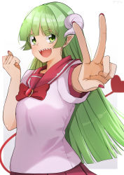 Rule 34 | 10s, 1girl, arm up, artist name, blunt bangs, clenched hand, demon girl, demon tail, eyelashes, eyes visible through hair, facing away, female focus, gradient background, green eyes, green hair, heart, heart tail, highres, hime cut, horns, long hair, looking at viewer, looking to the side, mairimashita! iruma-kun, matching hair/eyes, nail polish, pink shirt, pleated skirt, pointy ears, red nails, red skirt, school uniform, serafuku, sharp teeth, shirt, simple background, skirt, smile, solo, surato, tail, tareme, teeth, upper teeth only, v, valac clara, very long hair, watermark, white background