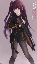 Rule 34 | 1girl, blush, bullpup, character name, feet out of frame, girls&#039; frontline, gloves, gun, highres, keenh, long hair, looking to the side, pantyhose, purple hair, red eyes, rifle, scope, side ponytail, simple background, sniper rifle, solo, trigger discipline, wa2000 (girls&#039; frontline), walther, walther wa 2000, weapon