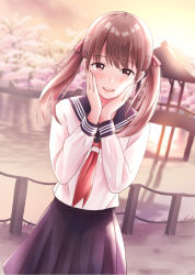 Rule 34 | 1girl, :d, black sailor collar, black skirt, brown eyes, brown hair, cherry blossoms, commentary request, dutch angle, hair ribbon, hands up, highres, long sleeves, looking at viewer, neckerchief, open mouth, original, outdoors, pleated skirt, railing, red neckerchief, red ribbon, ribbon, sailor collar, school uniform, serafuku, shirt, skirt, smile, solo, sunset, teeth, tree, twintails, upper teeth only, water, white shirt, yukimaru217