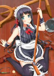 Rule 34 | 1girl, apron, armpits, bad id, bad pixiv id, bare shoulders, black hair, blush, breasts, brown footwear, bucket, bucket of water, cherry blossoms, cuffs, eyebrows, food, frilled skirt, frills, fruit, glass, green eyes, hair ornament, hair ribbon, headband, highres, ice, ice cream, ice cube, large breasts, long hair, maid, maid apron, miniskirt, mop, on floor, original, ribbon, shoes, skirt, solo, spill, table, thighhighs, wara t-shirt, water, wet, zettai ryouiki