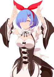 Rule 34 | 1girl, alternate hair ornament, apron, arms up, black bow, black ribbon, bow, breasts, brown dress, brown sleeves, cleavage, collar, detached sleeves, dress, frilled collar, frilled dress, frilled sleeves, frills, hair ornament, hair over one eye, hairband, happy, highres, large breasts, long sleeves, maid, maid apron, neck ribbon, rabbit pose, re:zero kara hajimeru isekai seikatsu, red hairband, rem (re:zero), ribbon, roswaal mansion maid uniform, short hair, simple background, smile, white apron, white background, x hair ornament, yasehattagi