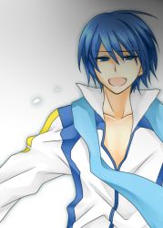 Rule 34 | 1boy, blue eyes, blue hair, kaito (vocaloid), looking at viewer, male focus, matching hair/eyes, nyakelap, open mouth, solo, vocaloid
