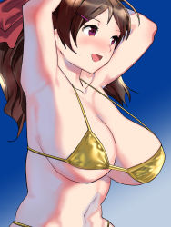 Rule 34 | 1girl, ahoge, alternate costume, armpits, arms up, bikini, blue sky, blush, bow, breasts, brown hair, cropped arms, cropped torso, gold bikini, hair ornament, hair ribbon, hairclip, highres, igarashi mangou, kantai collection, large breasts, looking to the side, mamiya (kancolle), navel, open mouth, parted bangs, red bow, red eyes, ribbon, simple background, sky, smile, swimsuit, wavy hair