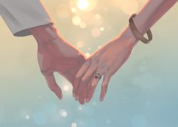 Rule 34 | 1boy, 1girl, blurry, bracelet, depth of field, hand focus, holding hands, jewelry, lens flare, long sleeves, nito minatsuki, ornate ring, ring, wedding ring