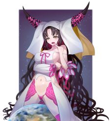 Rule 34 | 1girl, absurdly long hair, absurdres, asymmetrical sleeves, bad id, bad pixiv id, bare shoulders, black hair, blush, breasts, collarbone, commentary request, earth (planet), facial mark, fate/extra, fate/extra ccc, fate/grand order, fate (series), forehead mark, highres, horns, kairopoda, large breasts, long hair, long horns, long sleeves, looking down, mismatched sleeves, navel, open mouth, panties, parted bangs, pink panties, pink thighhighs, planet, sessyoin kiara, solo, thighhighs, tongue, tongue out, underwear, veil, very long hair, wavy hair, yellow eyes