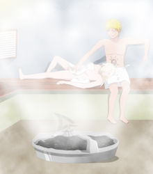 Rule 34 | 1boy, 1girl, bath, blonde hair, highres, mixed-sex bathing, naked towel, naruto, naruto (series), nude, peeking, sauna, shared bathing, steam, stiky finkaz, towel, towel around waist, uzumaki naruto, yamanaka ino