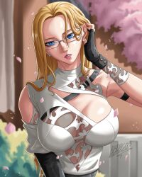 Rule 34 | 1girl, alternate costume, blonde hair, breasts, cleavage cutout, clothing cutout, embarrassed, female focus, glasses, highres, kalifa (one piece), large breasts, looking at viewer, one piece, solo
